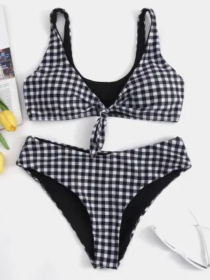 Wholesale Grid V-Neck Sleeveless Grid Bikini Set Swimwear