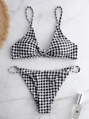 Wholesale Grid V-Neck Sleeveless Grid Bikini Suit