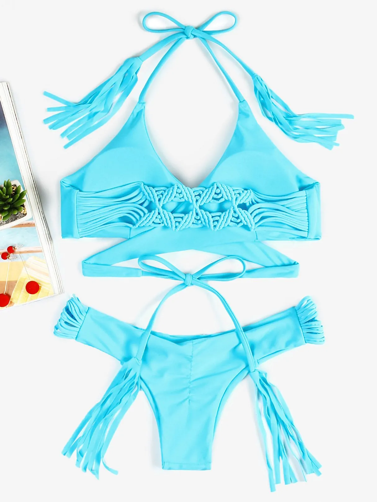 Wholesale Halter Plain Crossed Front Lace-Up Bikinis