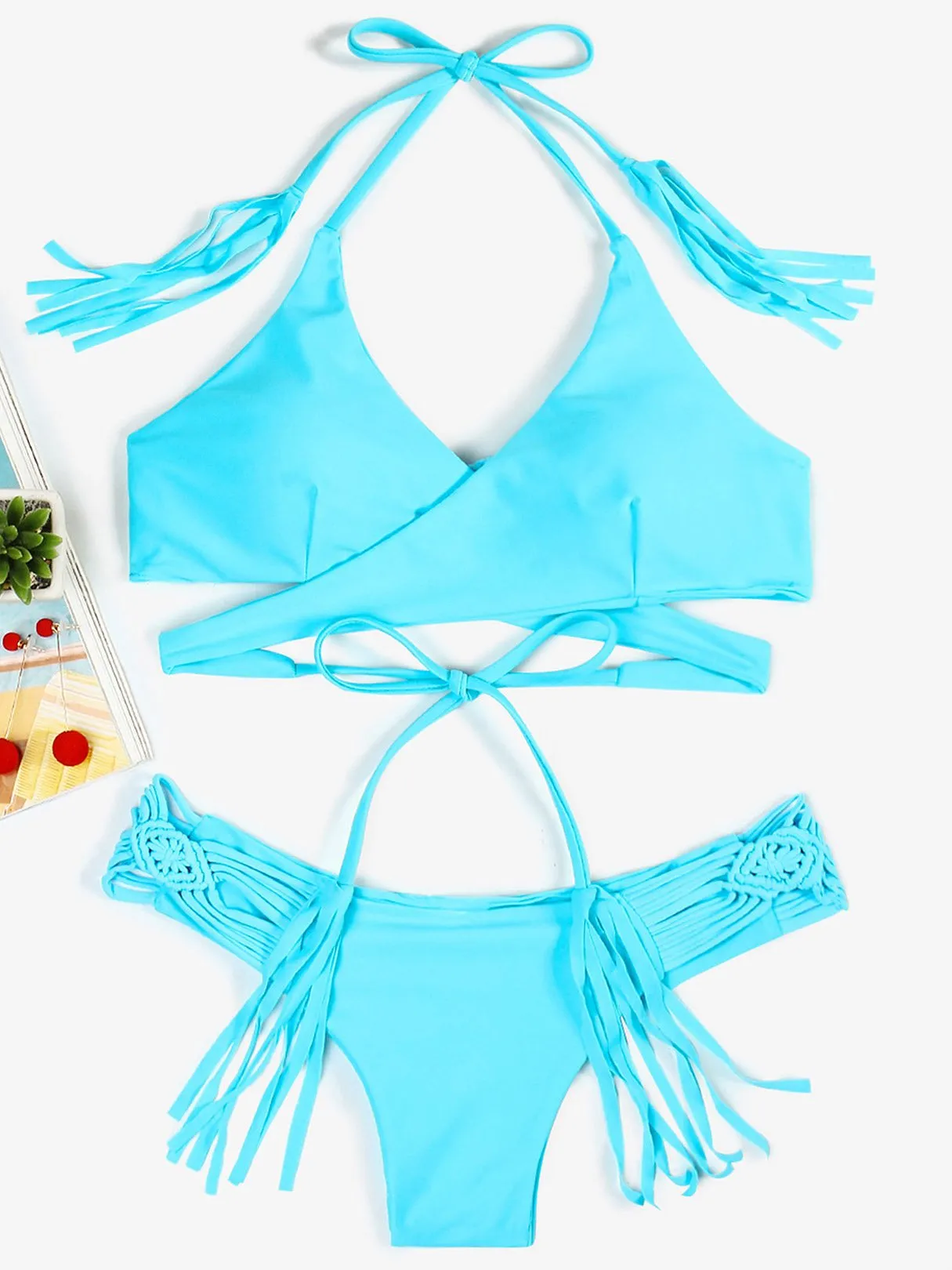 Wholesale Halter Plain Crossed Front Lace-Up Bikinis