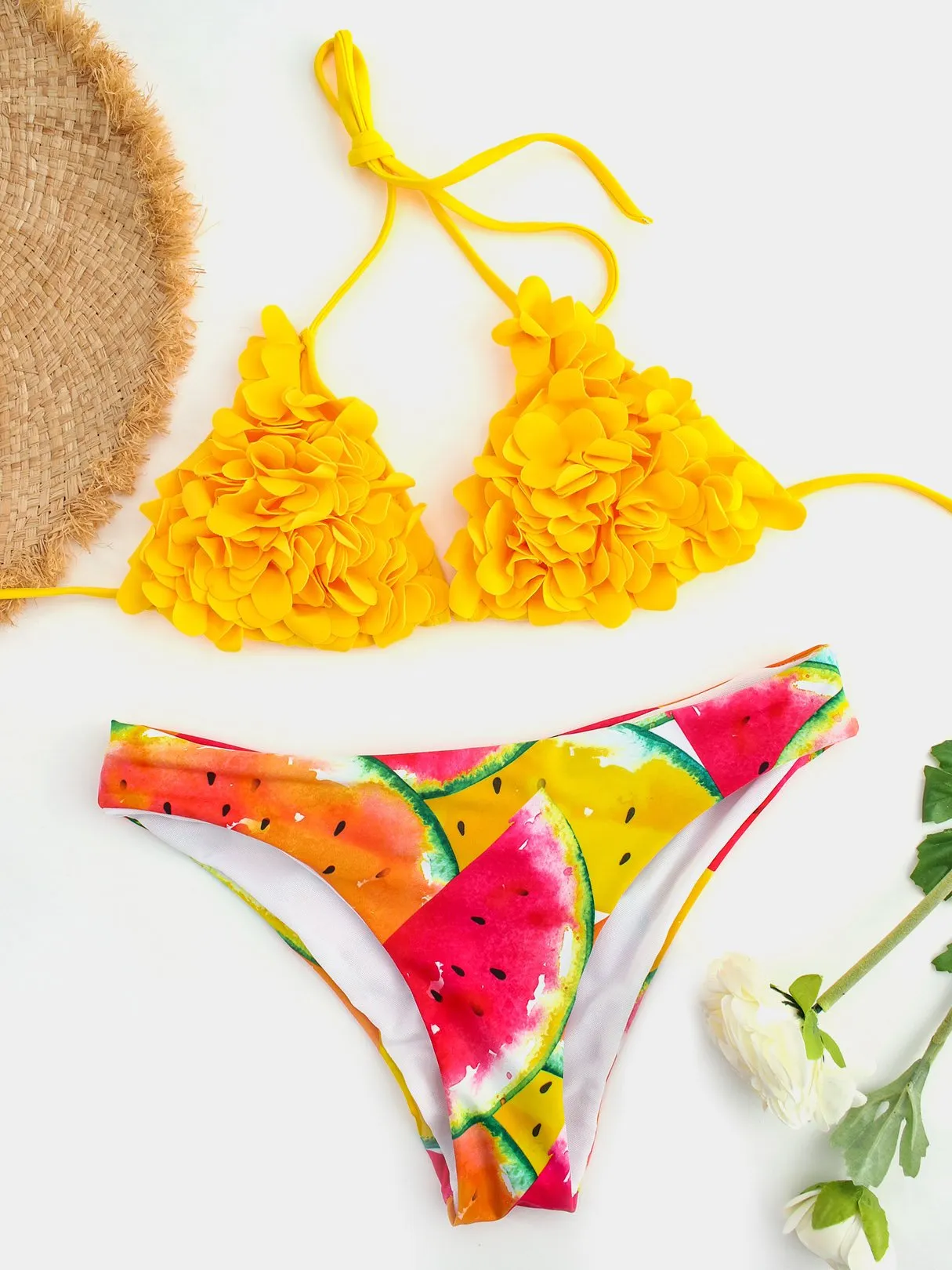 Wholesale Halter Sleeveless Floral Print Backless Self-Tie Bikinis Set