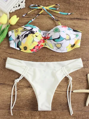 Wholesale Halter Sleeveless Floral Print Backless Tie-Up Two Piece Bikinis
