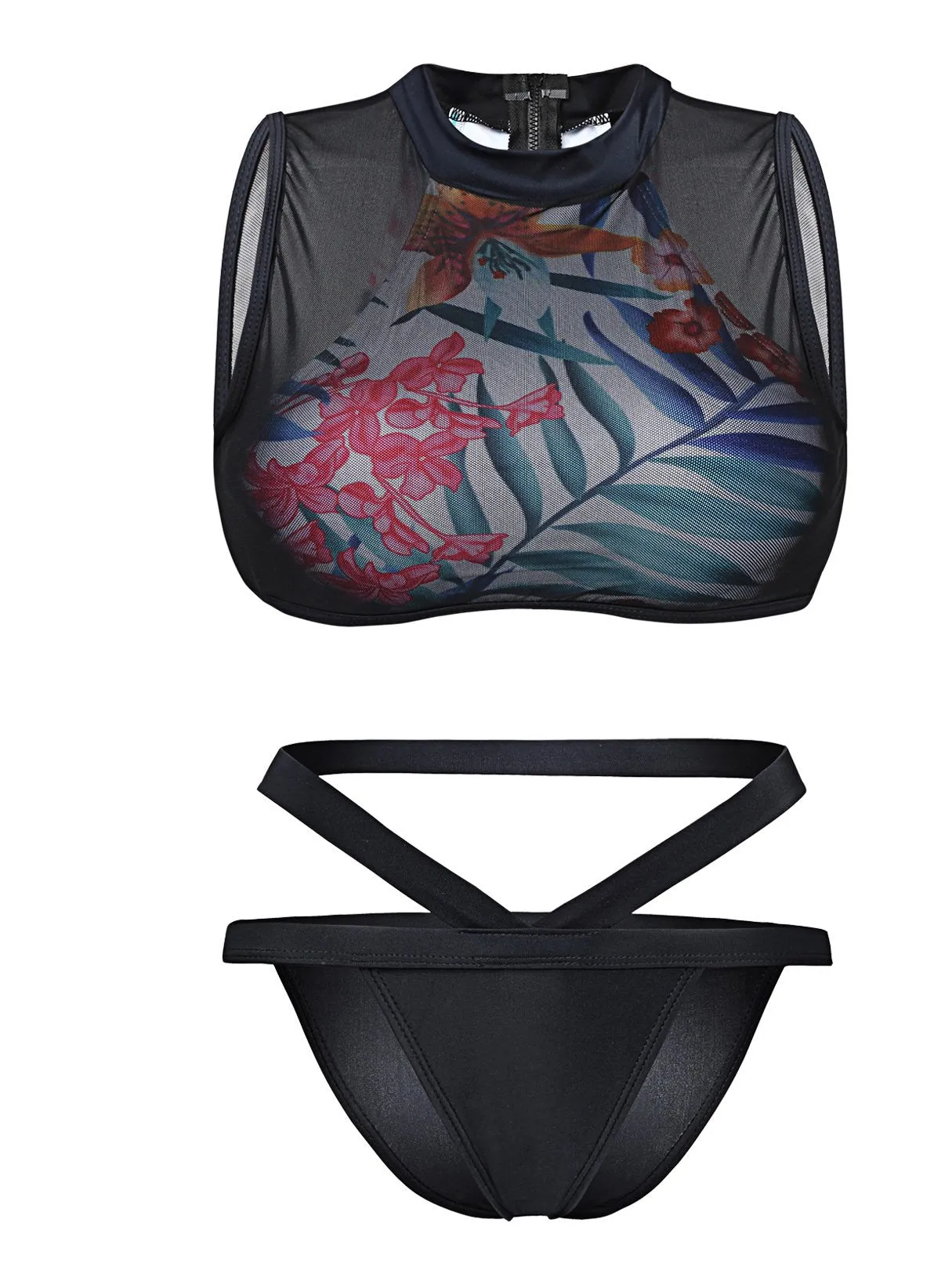 Wholesale Halter Sleeveless Floral Print Zip Back Two Piece Bikinis