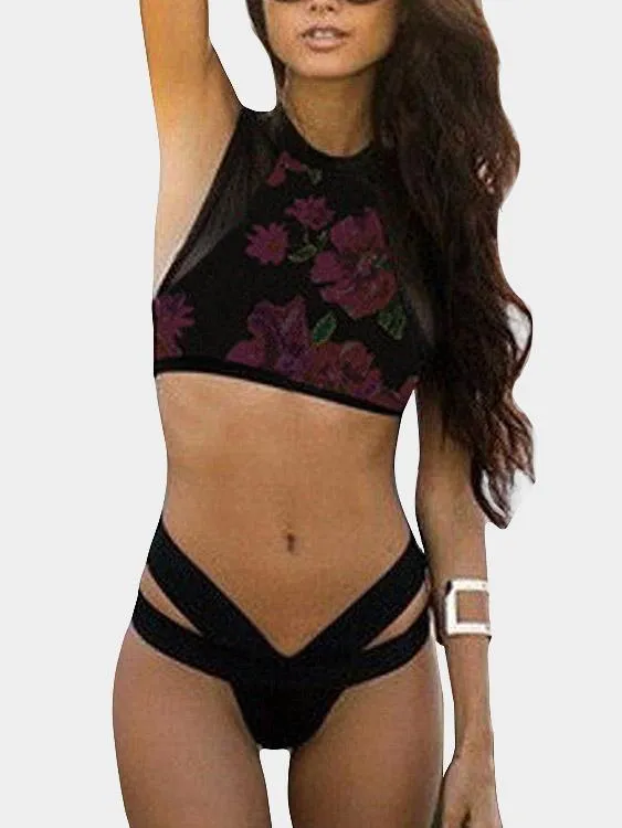 Wholesale Halter Sleeveless Floral Print Zip Back Two Piece Bikinis