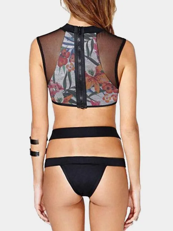 Wholesale Halter Sleeveless Floral Print Zip Back Two Piece Bikinis