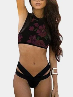 Wholesale Halter Sleeveless Floral Print Zip Back Two Piece Bikinis