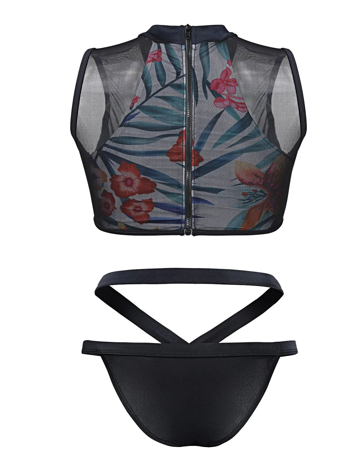 Wholesale Halter Sleeveless Floral Print Zip Back Two Piece Bikinis