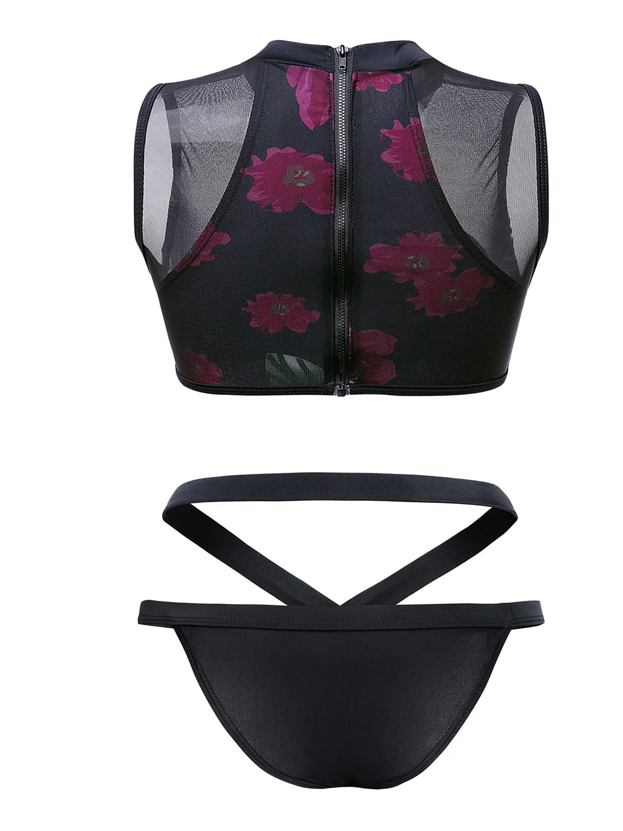 Wholesale Halter Sleeveless Floral Print Zip Back Two Piece Bikinis