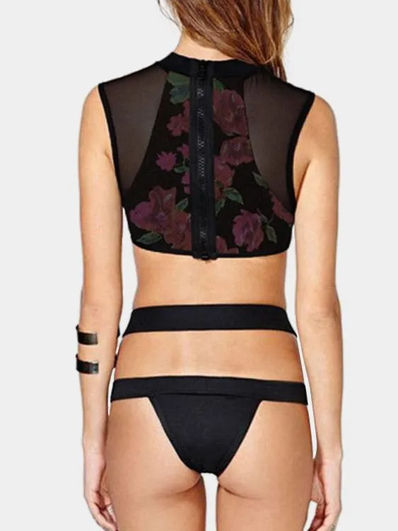 Wholesale Halter Sleeveless Floral Print Zip Back Two Piece Bikinis