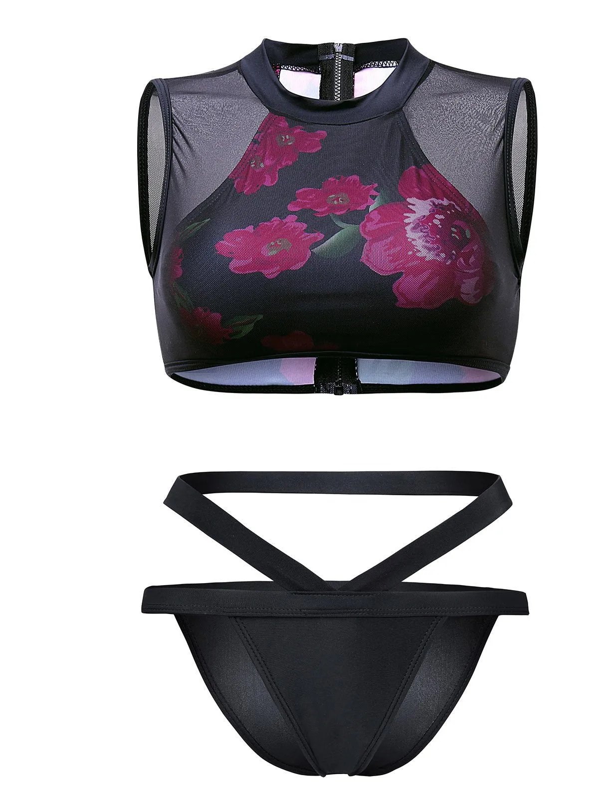 Wholesale Halter Sleeveless Floral Print Zip Back Two Piece Bikinis