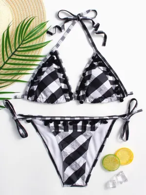 Wholesale Halter Sleeveless Grid Backless Lace-Up Tassel Hem Two Piece Bikinis