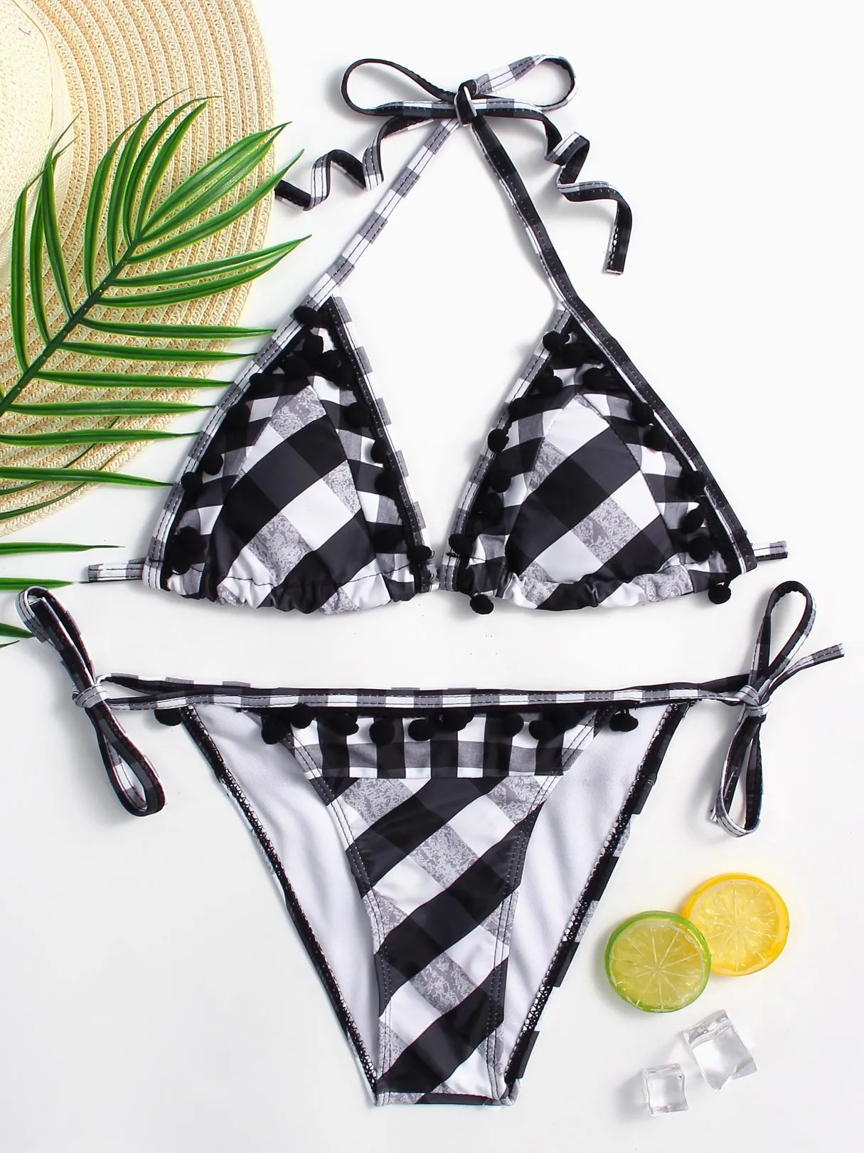 Wholesale Halter Sleeveless Grid Backless Lace-Up Tassel Hem Two Piece Bikinis