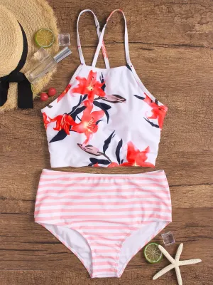 Wholesale Halter Sleeveless Stripe Floral Print Self-Tie 2 Piece Bikinis