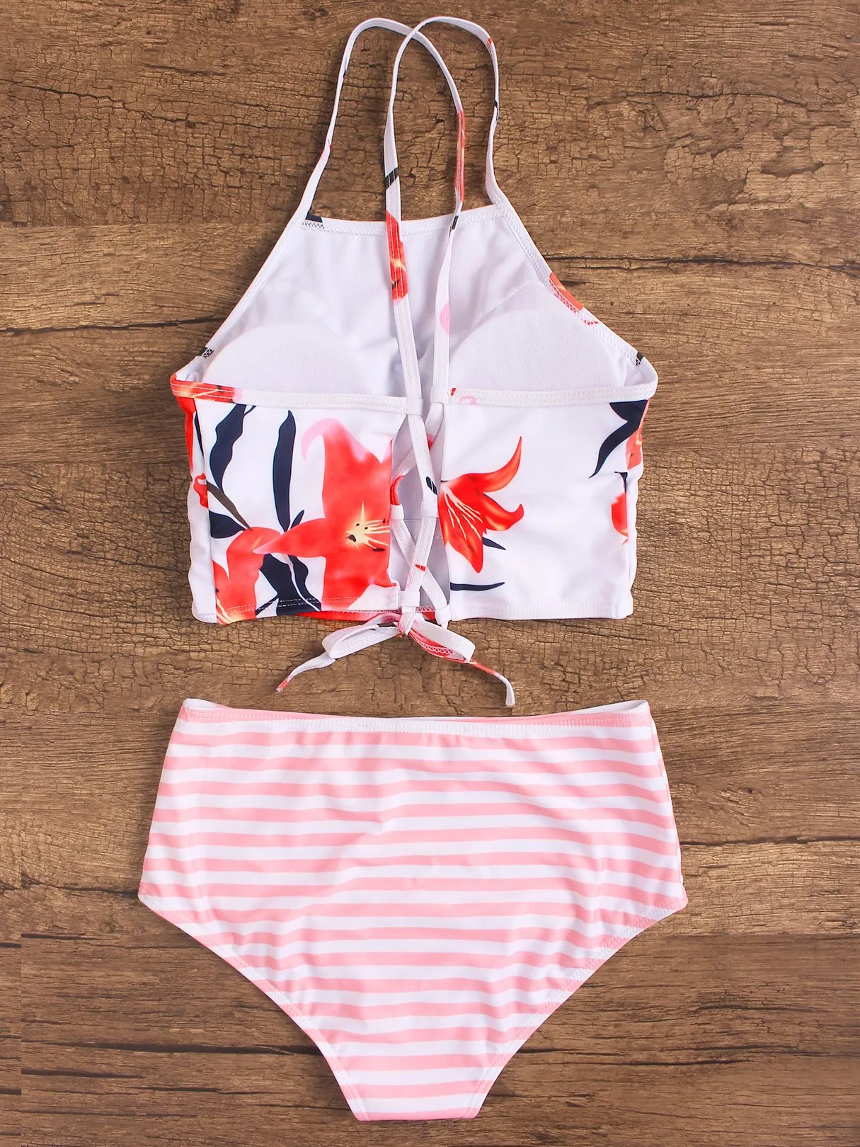Wholesale Halter Sleeveless Stripe Floral Print Self-Tie 2 Piece Bikinis