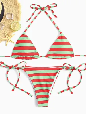 Wholesale Halter Sleeveless Stripe Two Piece Bikinis