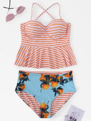 Wholesale Halter Stripe Floral Print Sleeveless 2 Piece Bikini