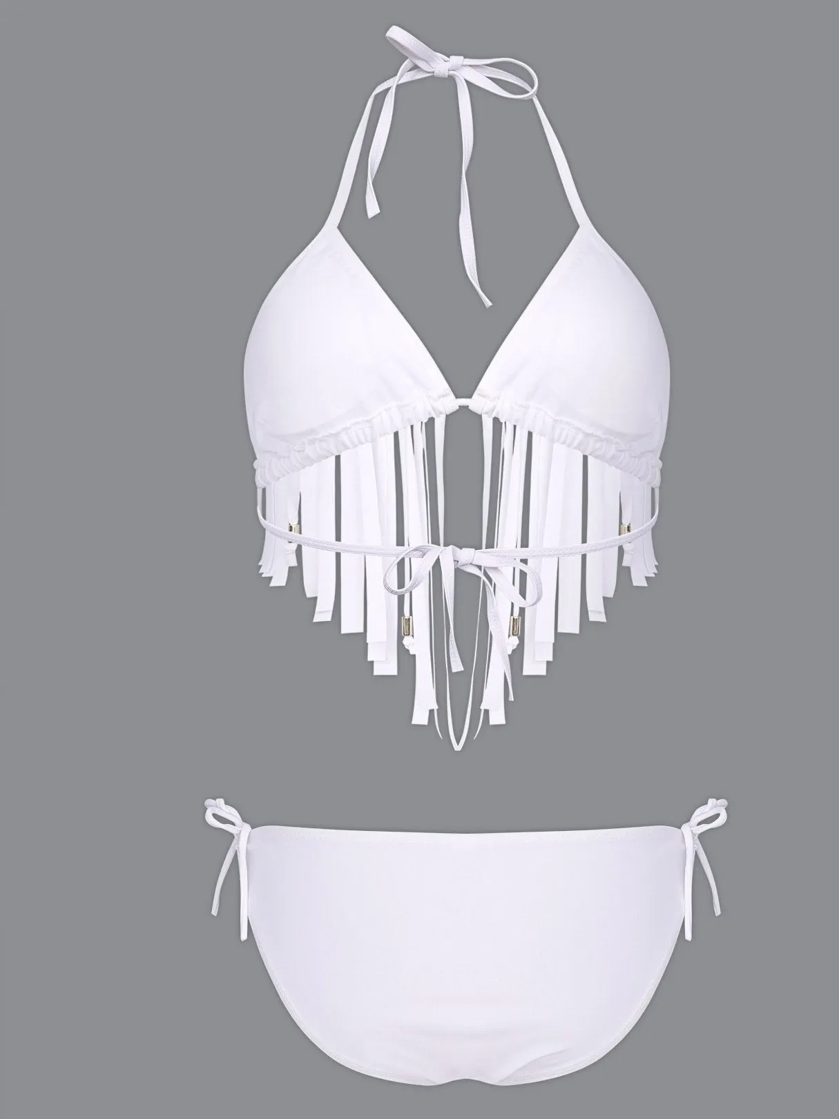 Wholesale Halter Tassel Lace-Up Sleeveless Bodycon Hem White 2 Piece Bikinis