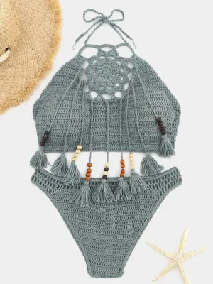 Wholesale Halter Tassel Tie-Up Sleeveless Lake Green 2 Piece Bikinis
