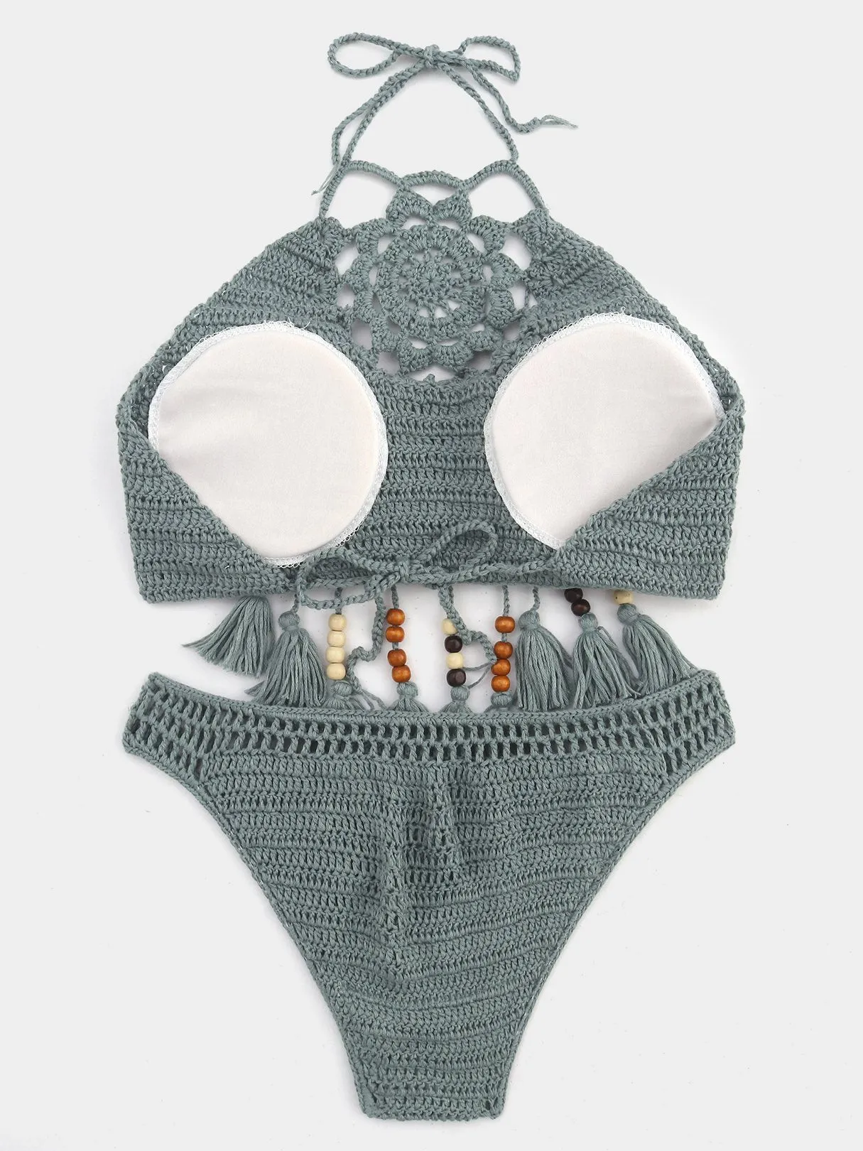 Wholesale Halter Tassel Tie-Up Sleeveless Lake Green 2 Piece Bikinis