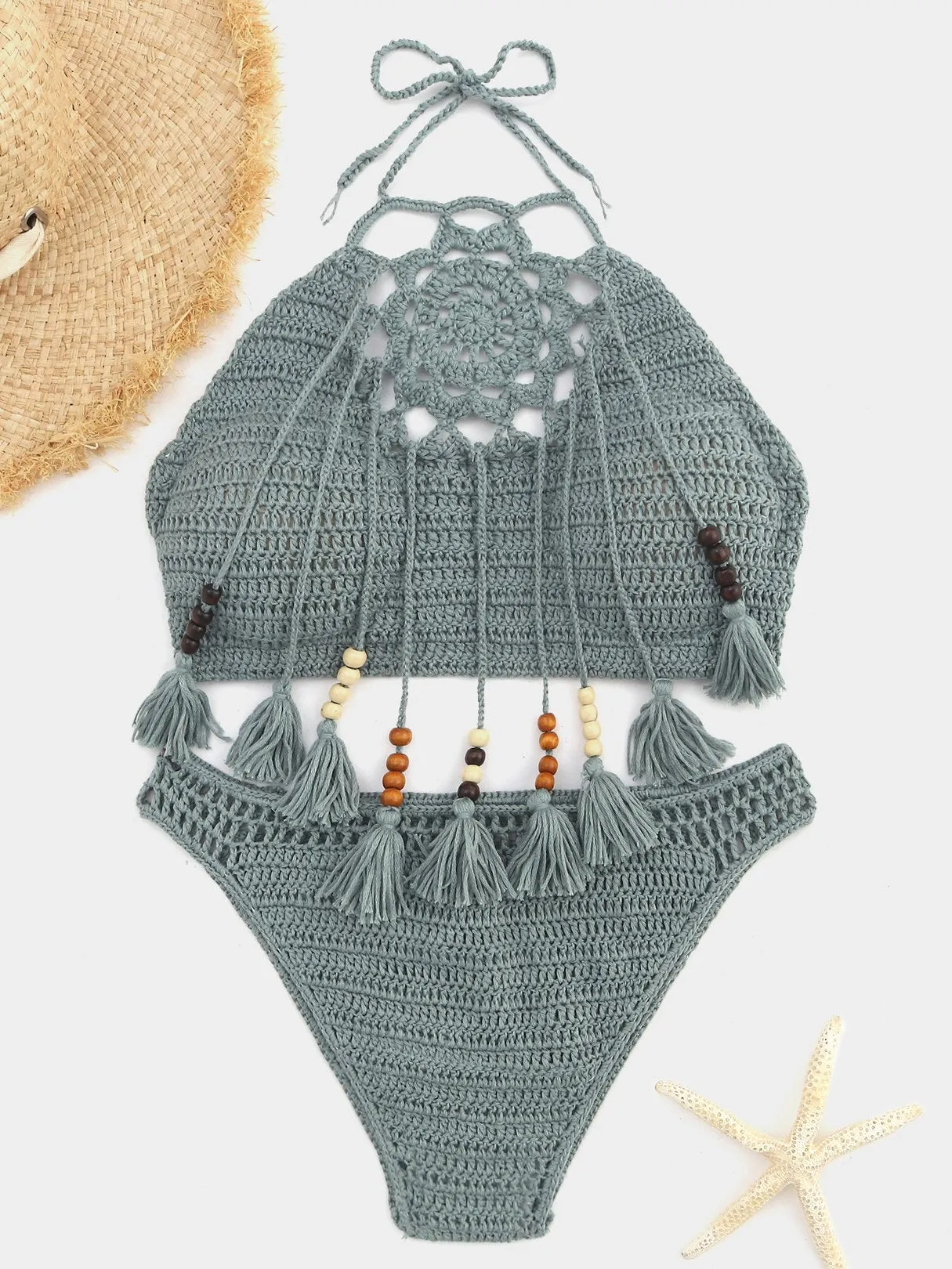 Wholesale Halter Tassel Tie-Up Sleeveless Lake Green 2 Piece Bikinis