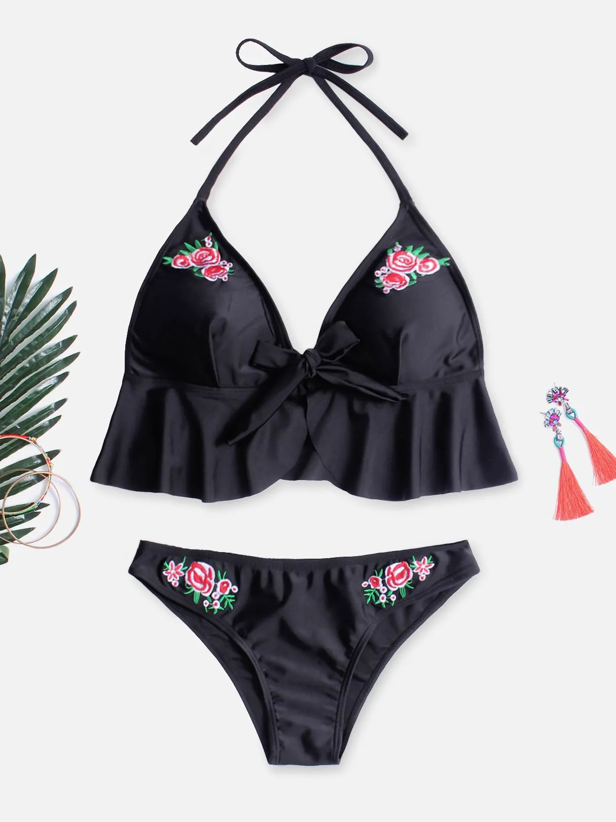Wholesale Halter V-Neck Embroidered Lace-Up Wireless Sleeveless Black Bikinis