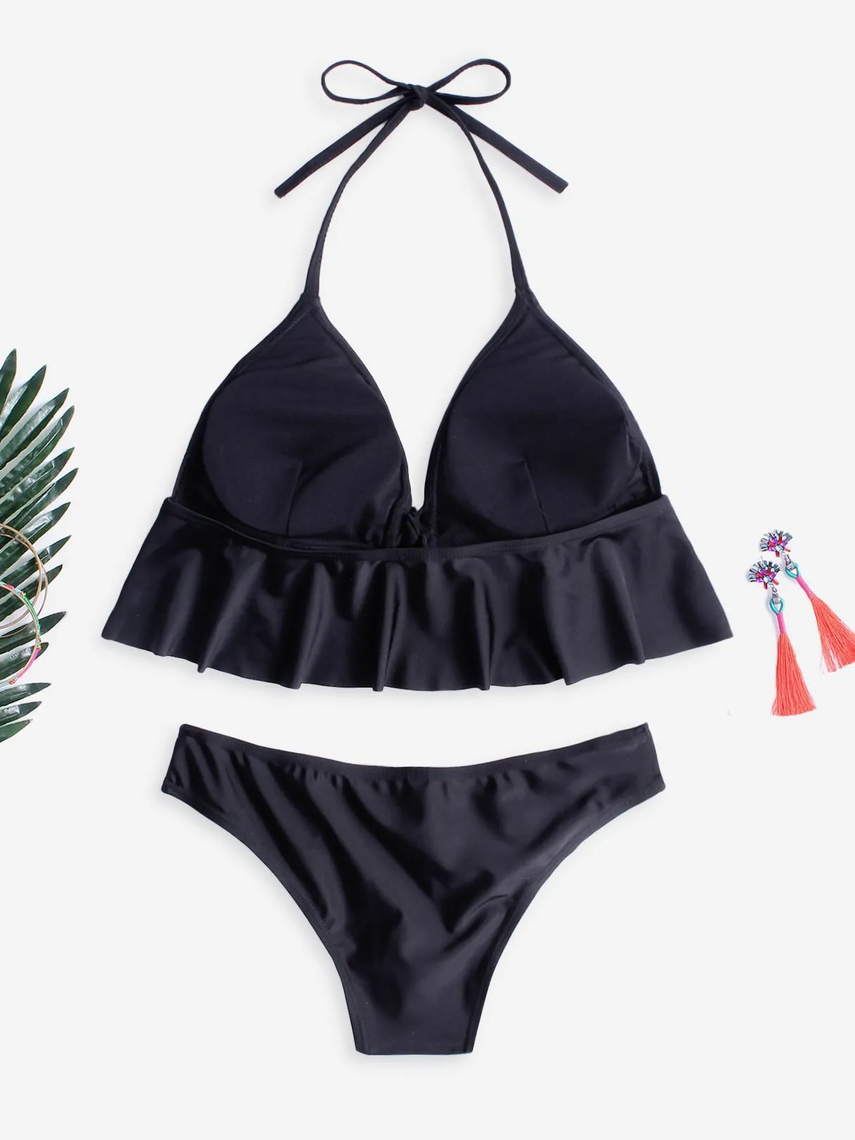 Wholesale Halter V-Neck Embroidered Lace-Up Wireless Sleeveless Black Bikinis