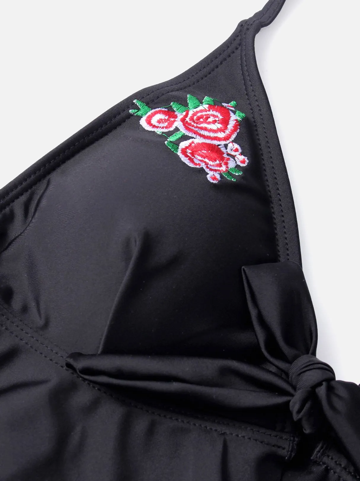 Wholesale Halter V-Neck Embroidered Lace-Up Wireless Sleeveless Black Bikinis