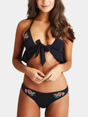 Wholesale Halter V-Neck Embroidered Lace-Up Wireless Sleeveless Black Bikinis