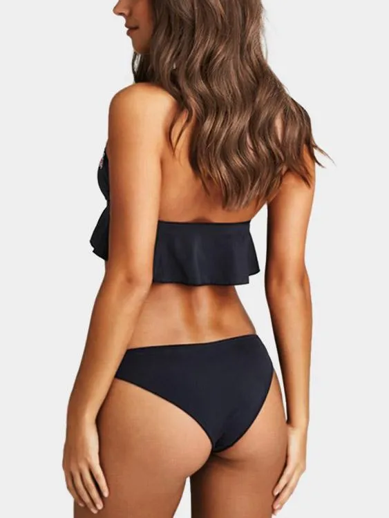 Wholesale Halter V-Neck Embroidered Lace-Up Wireless Sleeveless Black Bikinis