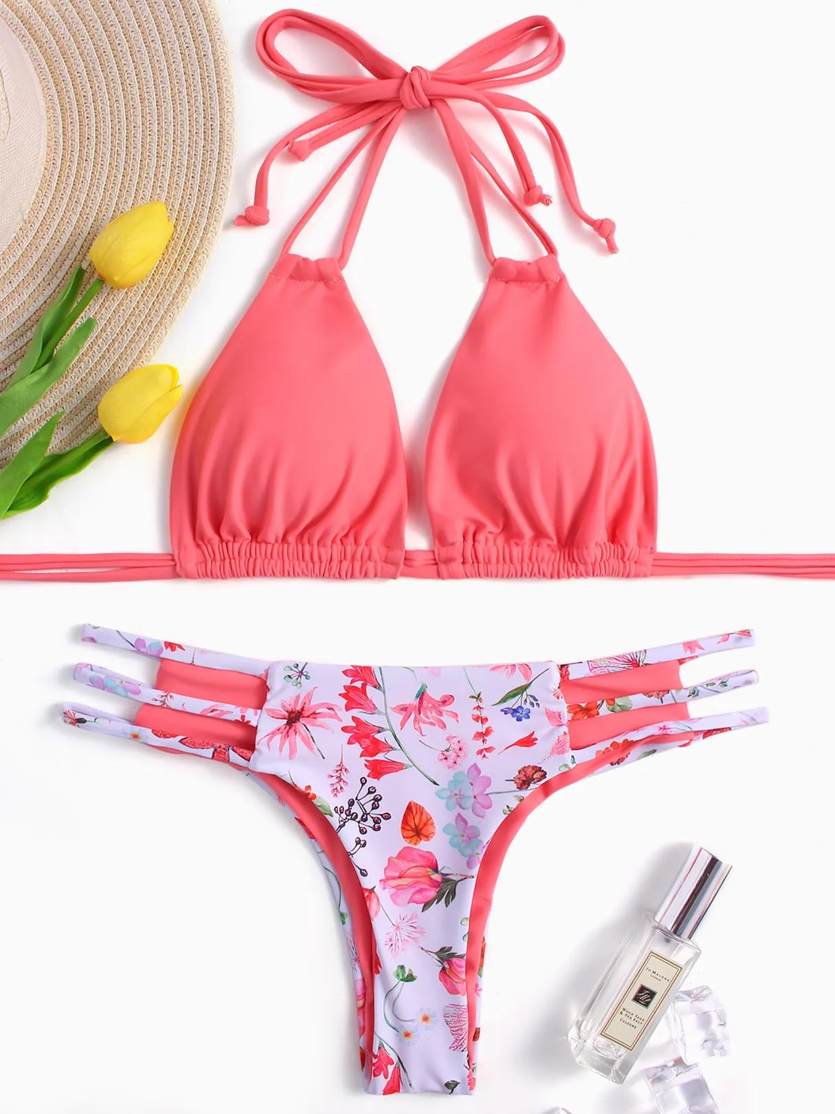 Wholesale Halter V-Neck Floral Print Cut Out Tie-Up Sleeveless Pink Bikinis