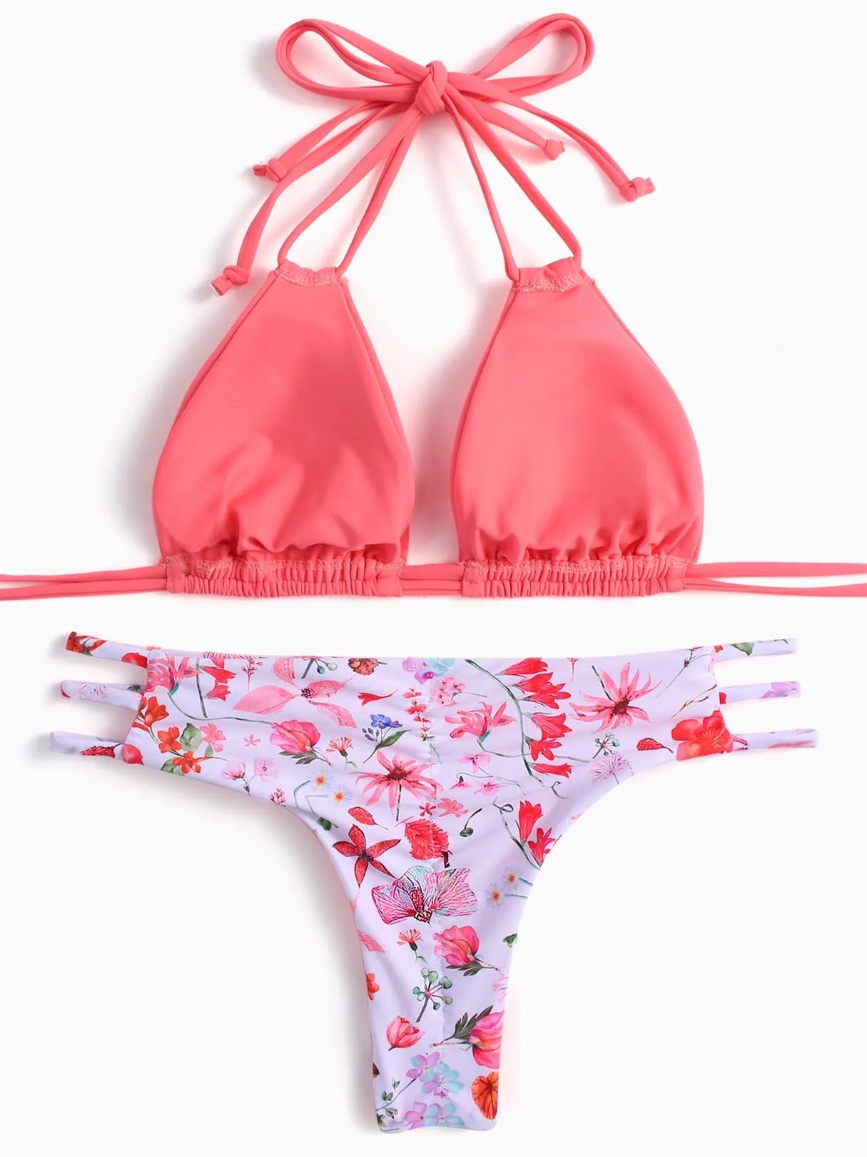 Wholesale Halter V-Neck Floral Print Cut Out Tie-Up Sleeveless Pink Bikinis
