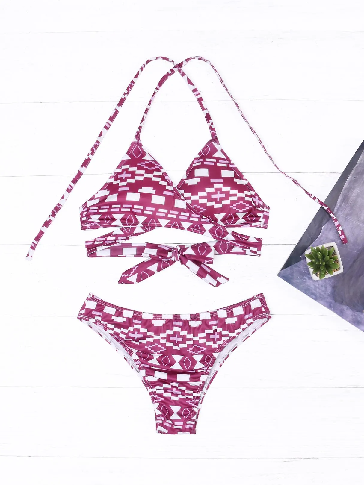 Wholesale Halter V-Neck Geometrical Printed Crossed Front Lace-Up Cut Out Wireless Sleeveless Rose Bikinis