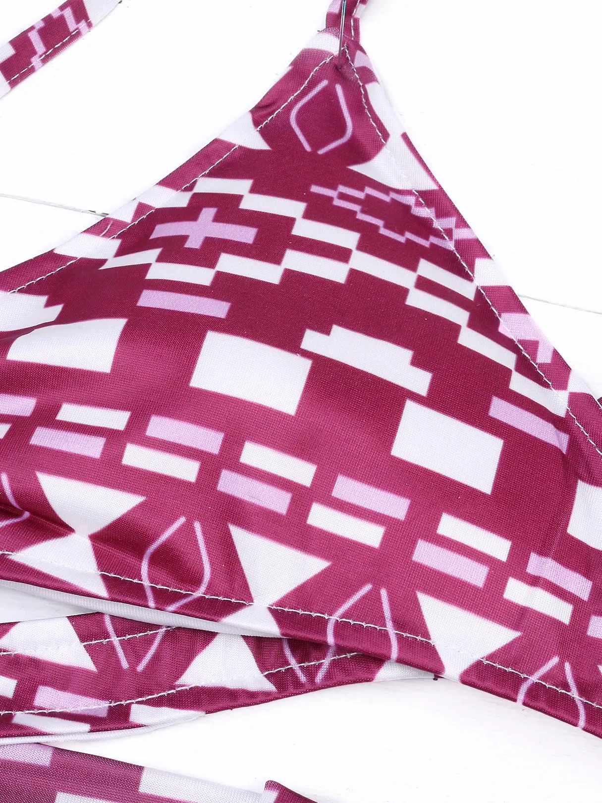 Wholesale Halter V-Neck Geometrical Printed Crossed Front Lace-Up Cut Out Wireless Sleeveless Rose Bikinis