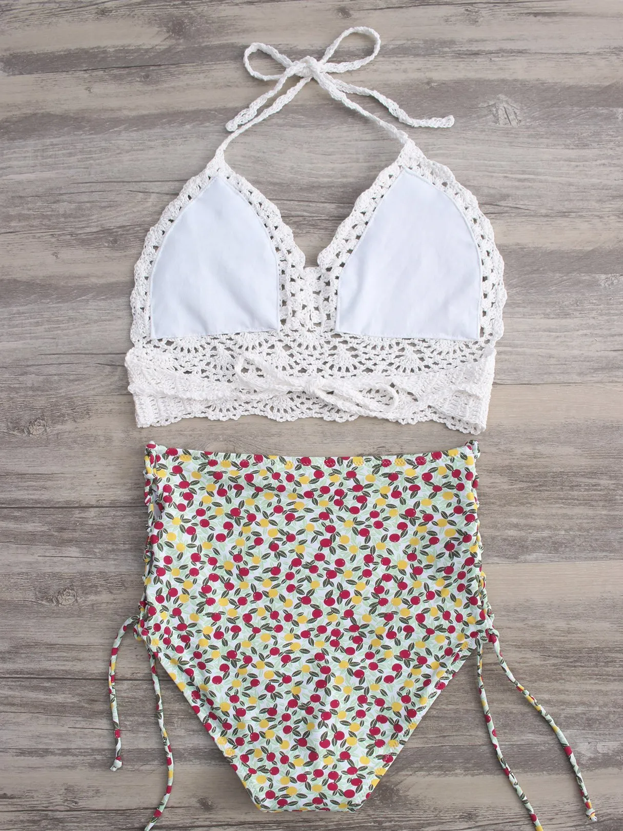 Wholesale Halter V-Neck Sleeveless Crochet Lace Embellished Lace-Up Tie-Up Bikini Set