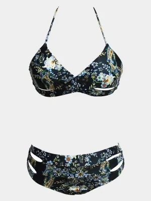 Wholesale Halter V-Neck Sleeveless Floral Print Cut Out Two Piece Bikinis