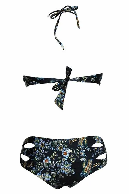 Wholesale Halter V-Neck Sleeveless Floral Print Cut Out Two Piece Bikinis