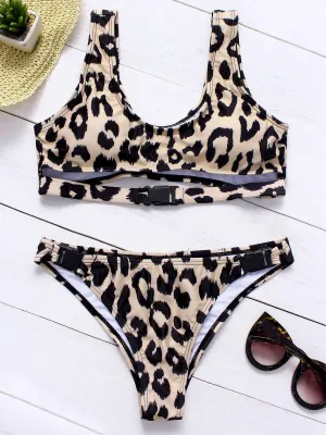 Wholesale Khaki Scoop Neck Sleeveless Leopard Lace-Up Bikinis
