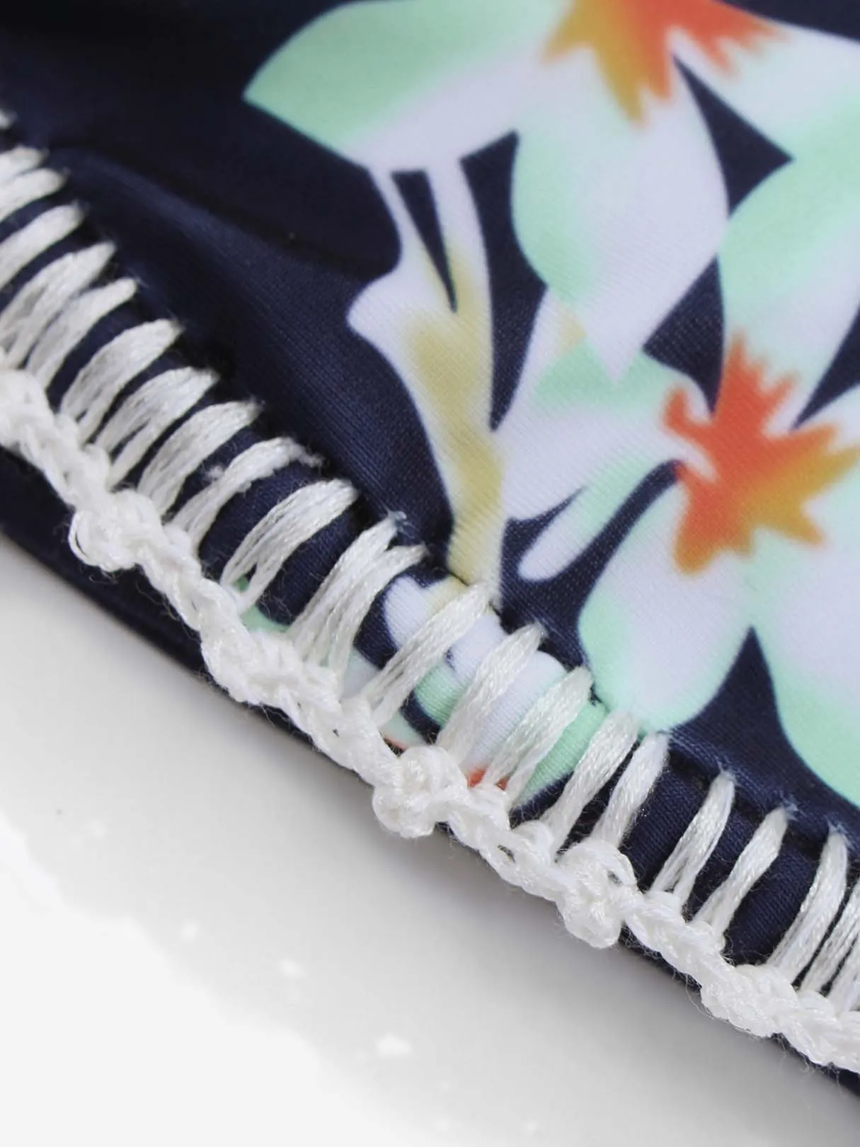 Wholesale Navy Halter V-Neck Sleeveless Floral Print Crochet Lace Embellished Bikinis