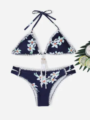 Wholesale Navy Halter V-Neck Sleeveless Floral Print Crochet Lace Embellished Bikinis