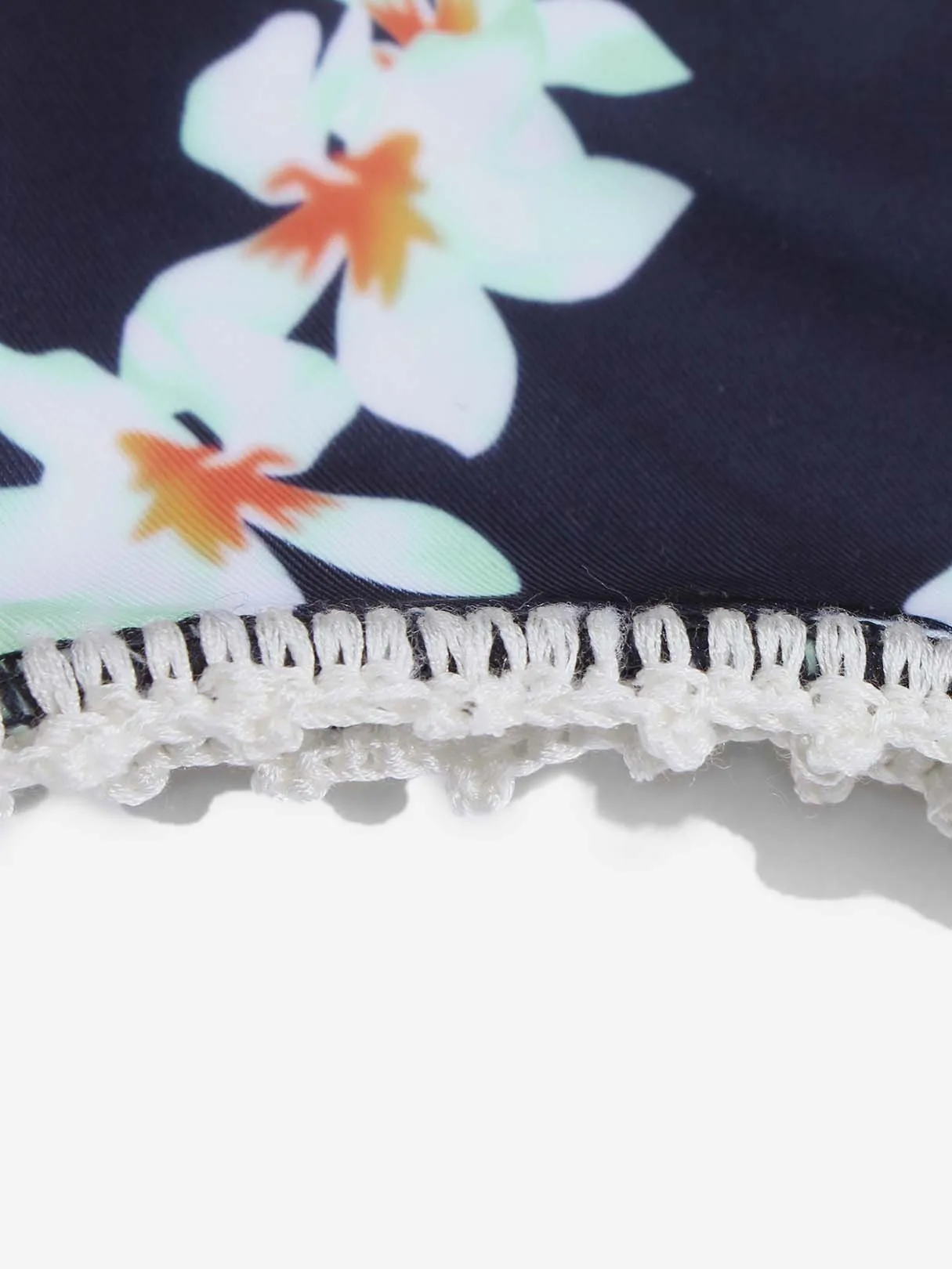 Wholesale Navy Halter V-Neck Sleeveless Floral Print Crochet Lace Embellished Bikinis