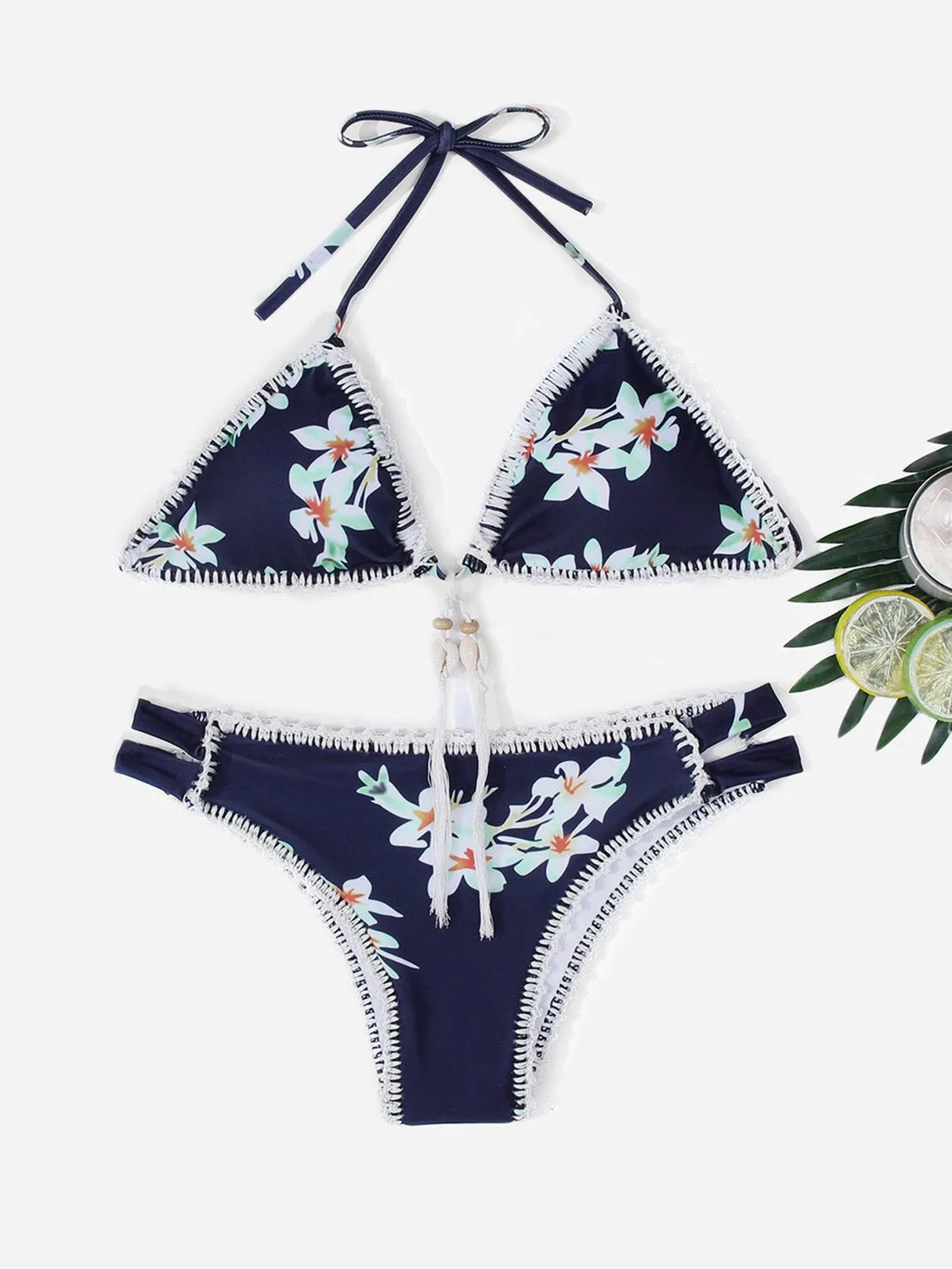 Wholesale Navy Halter V-Neck Sleeveless Floral Print Crochet Lace Embellished Bikinis