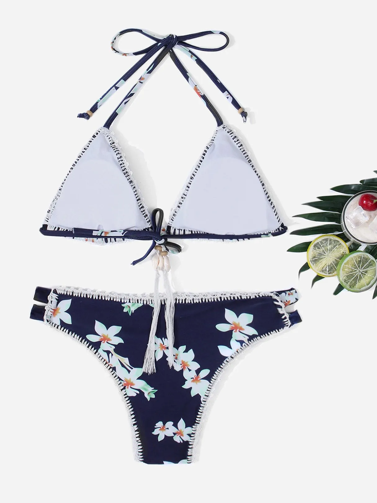 Wholesale Navy Halter V-Neck Sleeveless Floral Print Crochet Lace Embellished Bikinis