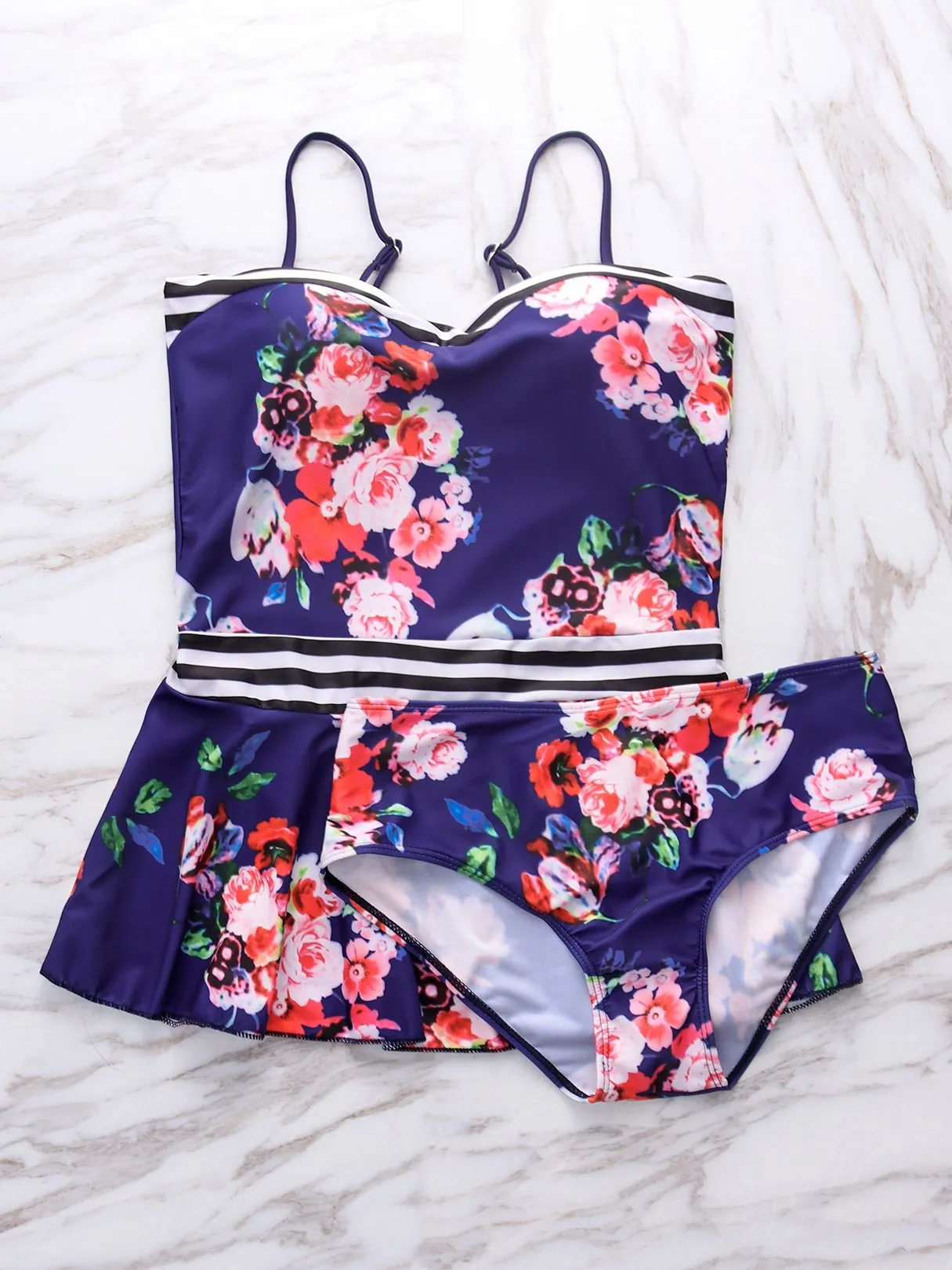 Wholesale Navy V-Neck Floral Print Ruffle Hem High-Waisted Bikini Set Swimwear