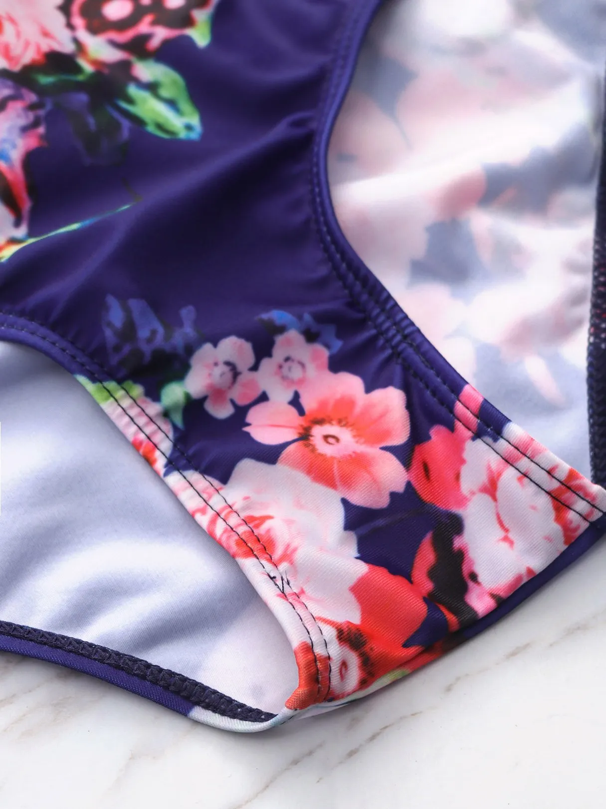 Wholesale Navy V-Neck Floral Print Ruffle Hem High-Waisted Bikini Set Swimwear