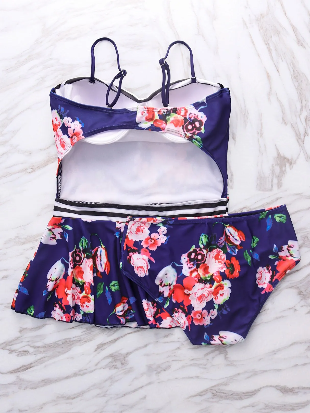 Wholesale Navy V-Neck Floral Print Ruffle Hem High-Waisted Bikini Set Swimwear