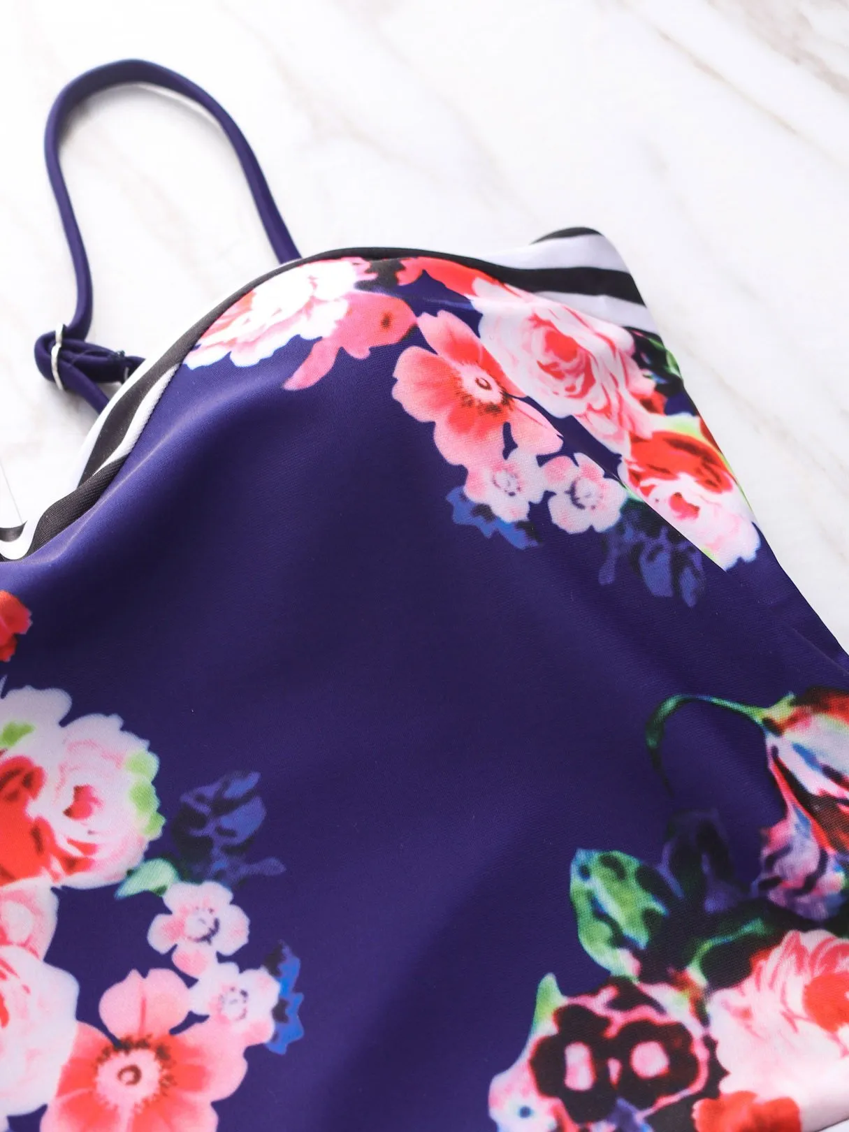 Wholesale Navy V-Neck Floral Print Ruffle Hem High-Waisted Bikini Set Swimwear
