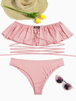 Wholesale Off The Shoulder Backless Lace-Up Sleeveless Bodycon Hem Pink Bikinis
