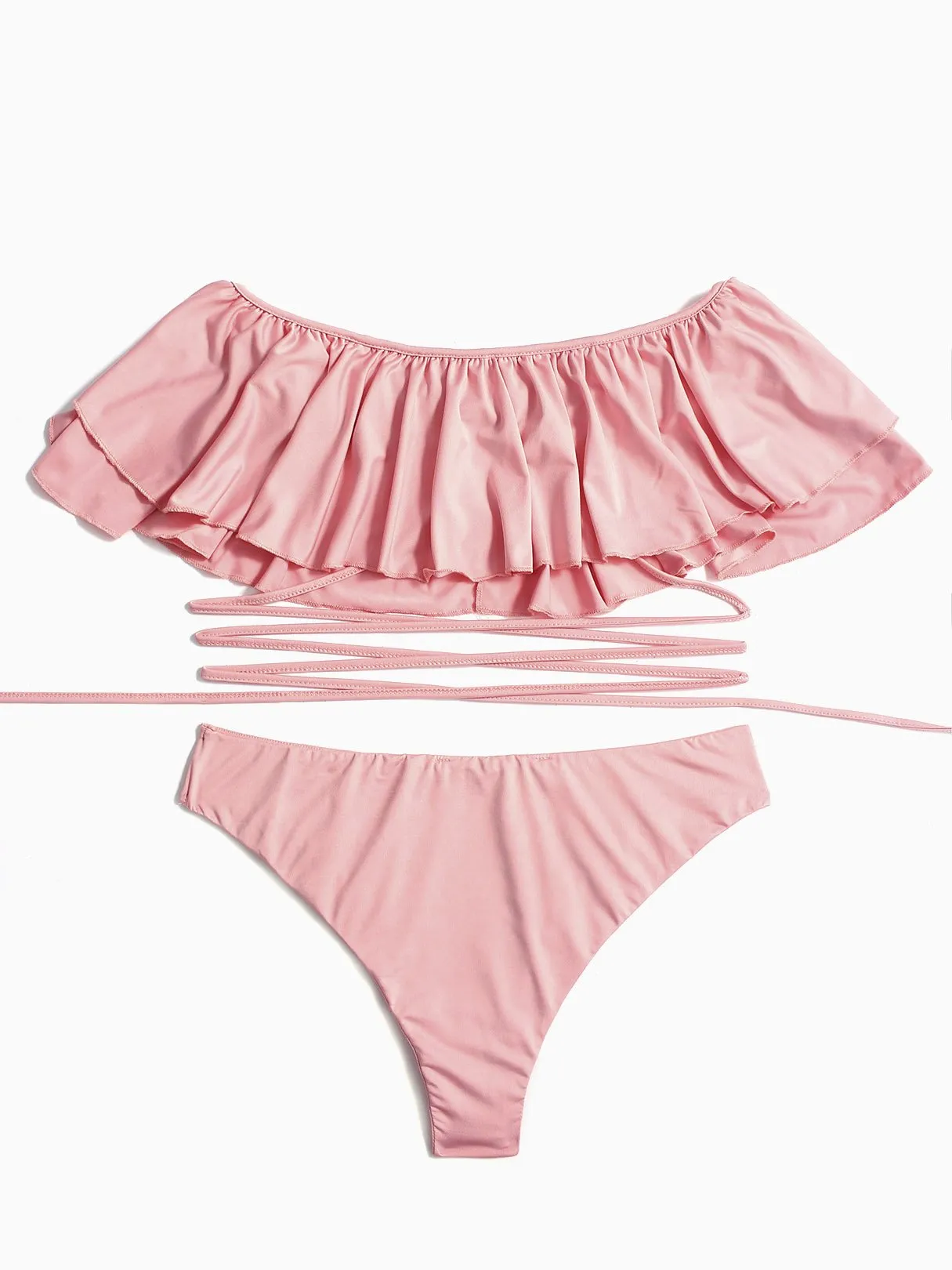 Wholesale Off The Shoulder Backless Lace-Up Sleeveless Bodycon Hem Pink Bikinis