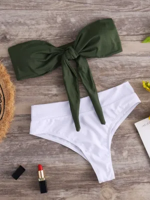 Wholesale Off The Shoulder Self-Tie Sleeveless Green Bikinis