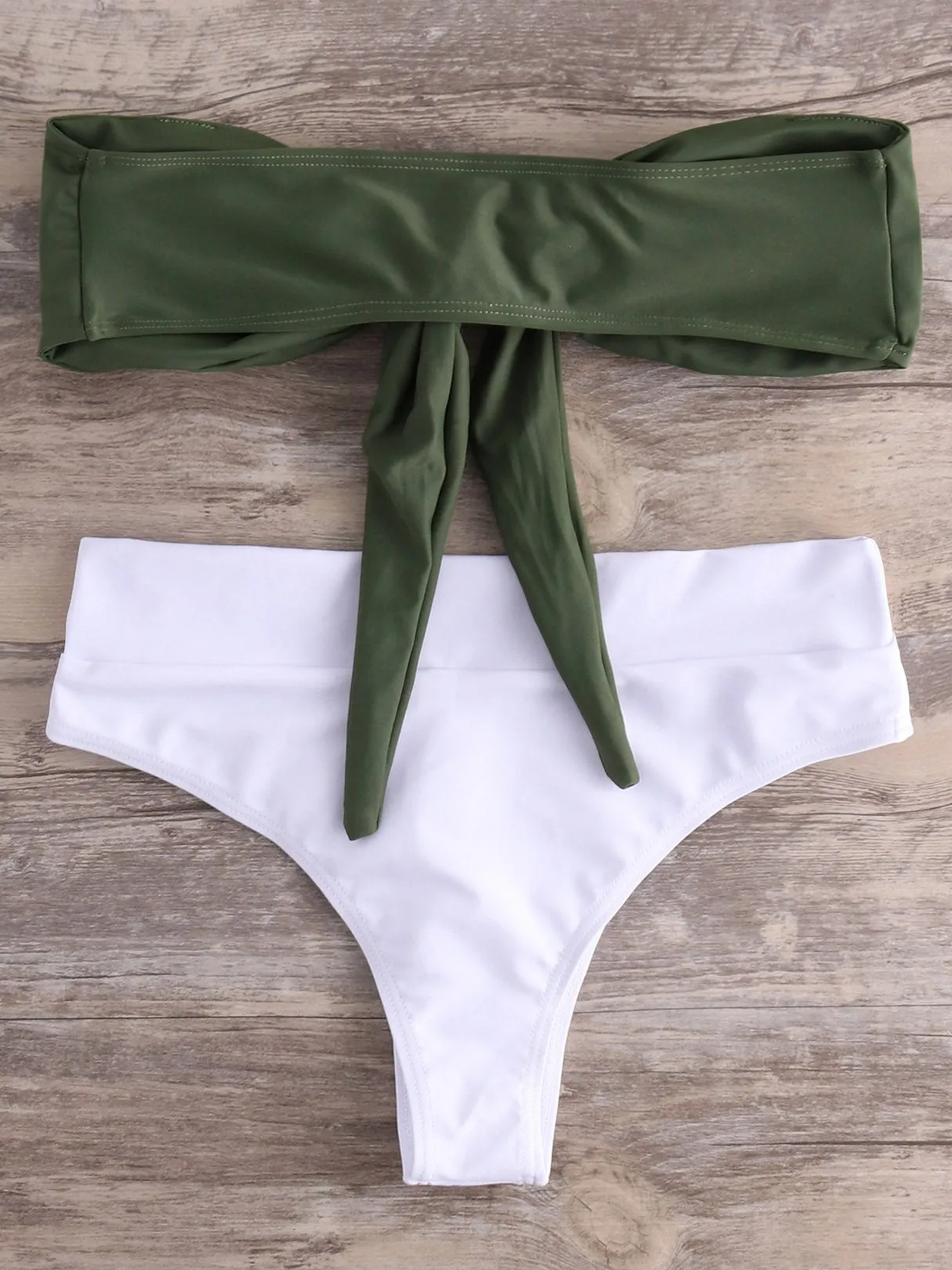 Wholesale Off The Shoulder Self-Tie Sleeveless Green Bikinis
